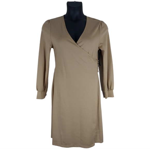 FAITH LOVE PASSION FLP Size Small Tan Vtg Look Wrap Dress Cloth Cover Buttons - Picture 1 of 15